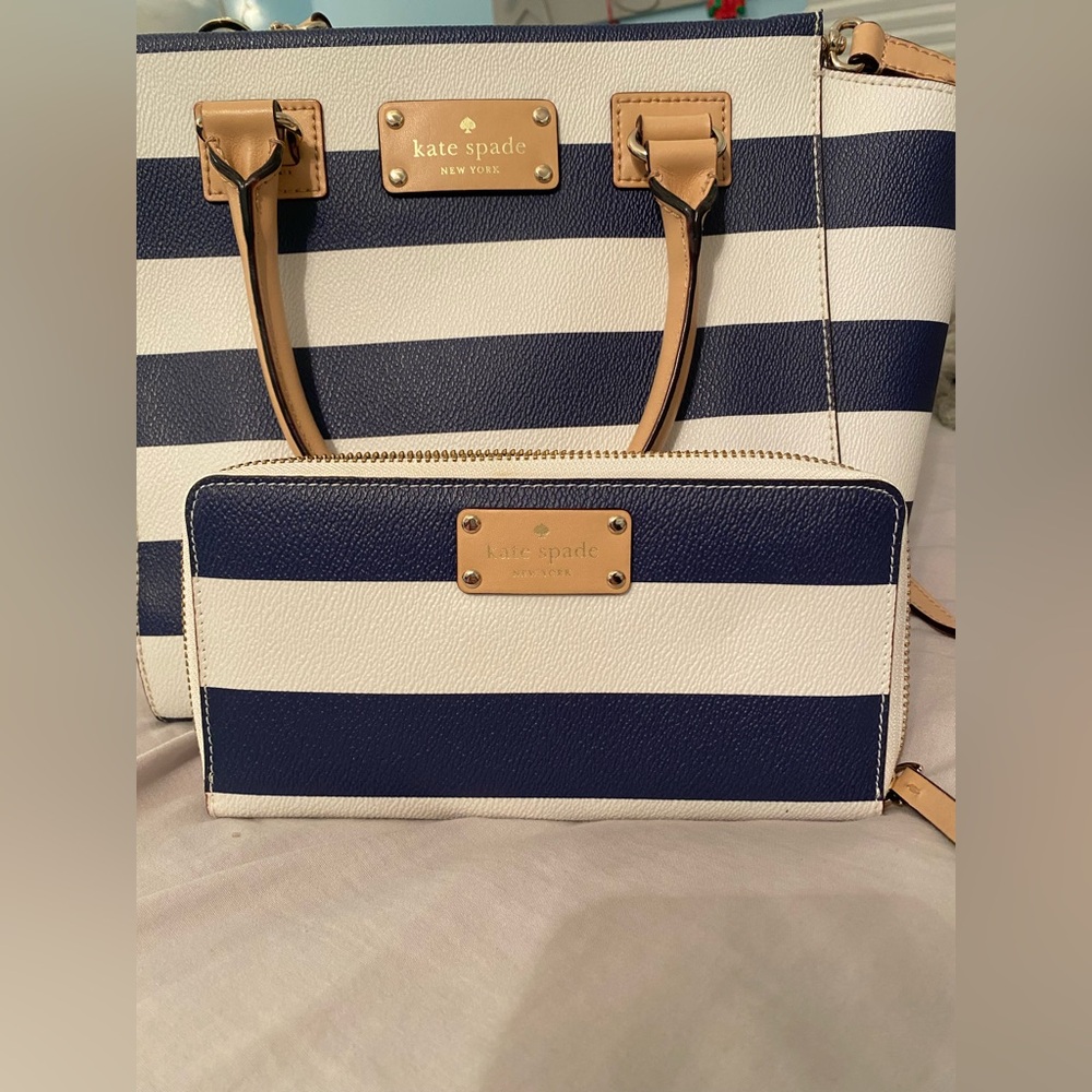 Kate Spade Navy and Cream Striped Purse and Wallet Set - Brand New